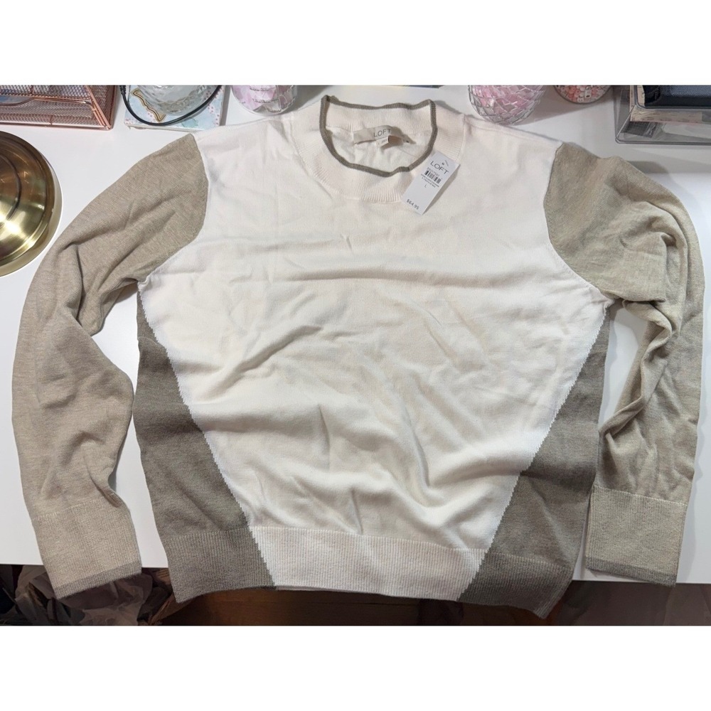 Loft Womens Colorblock Crewneck Sweater Cream Taupe Size L NWT
